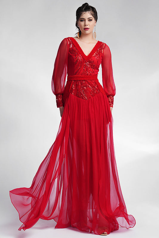 Rochie de seara lunga, de matase naturala cu maneci lungi si dantela Anaida