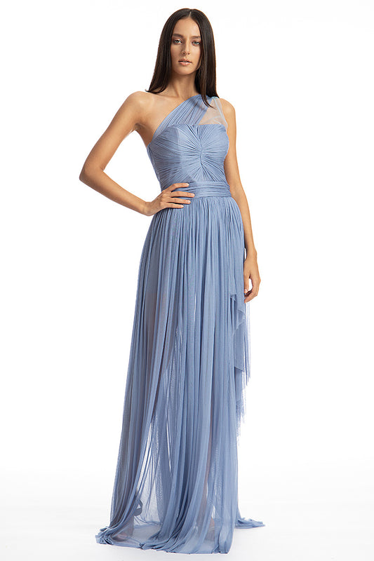 Rochie lunga de matase naturala, asimetrica, cu corset R16S19