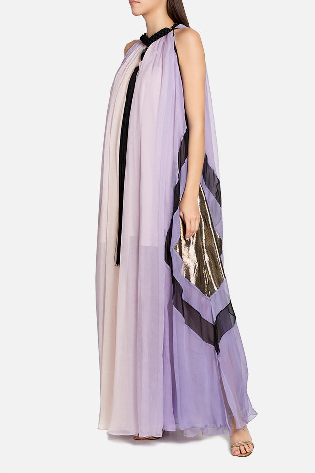 Rochie lunga de matase naturala,eleganta, de ocazie, larga cu insertii aurii Viora