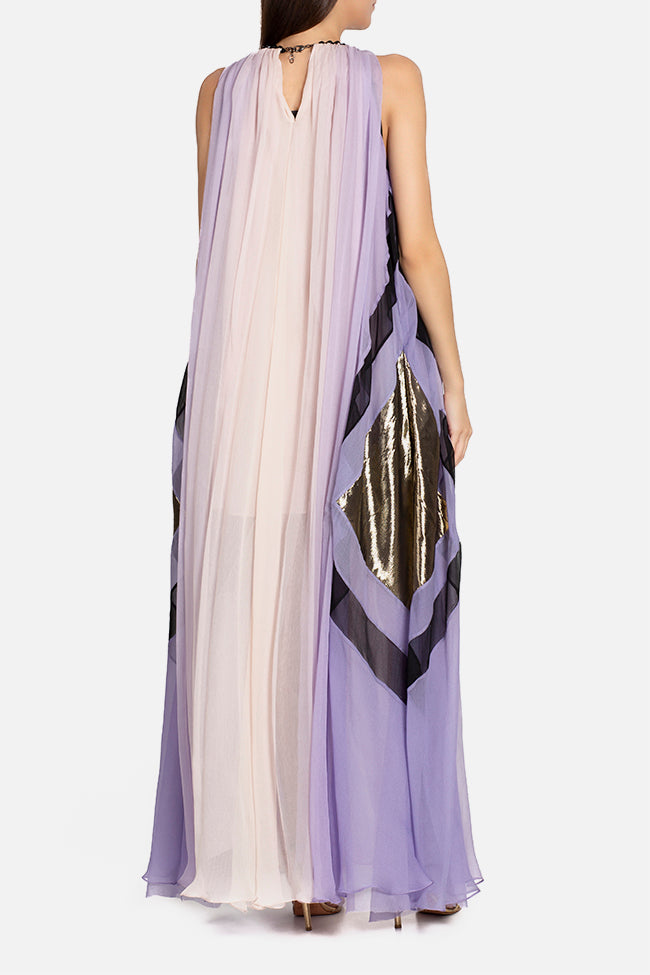 Rochie lunga de matase naturala,eleganta, de ocazie, larga cu insertii aurii Viora