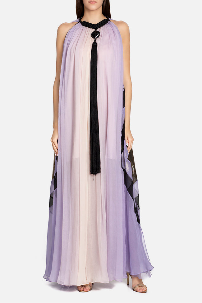 Rochie lunga de matase naturala,eleganta, de ocazie, larga cu insertii aurii Viora