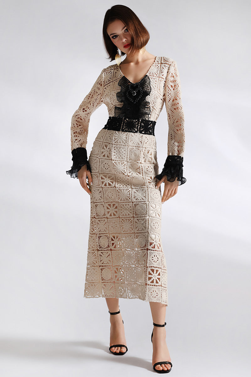 Rochie midi eleganta de dantela bej cu negru Paris