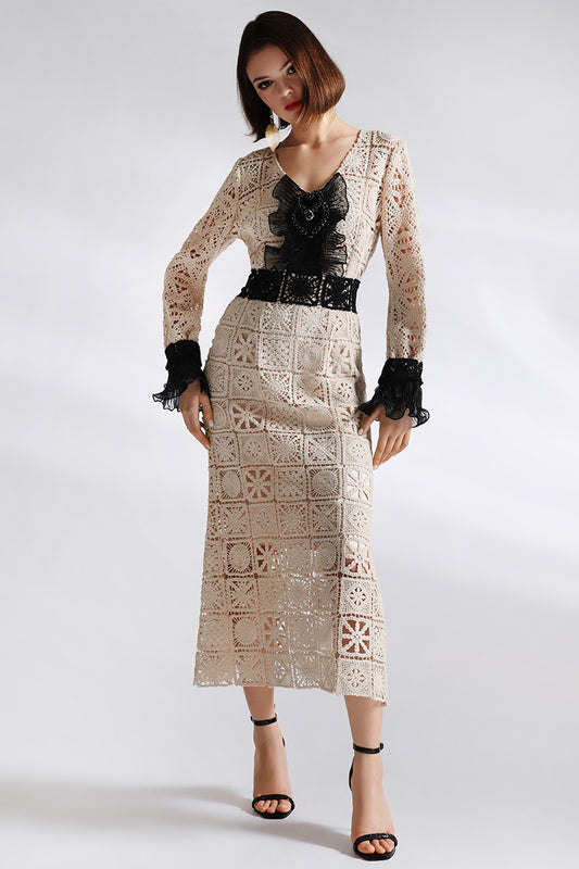 Rochie midi eleganta de dantela bej cu negru Paris