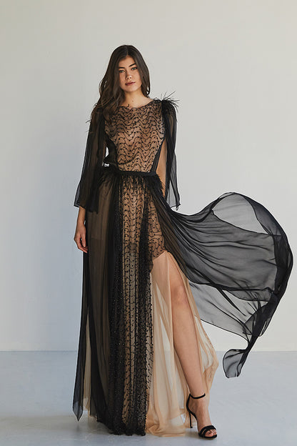 Rochia Fresia, lunga, din matase naturala, de seara, cu maneci lungi si dantela, R17H23