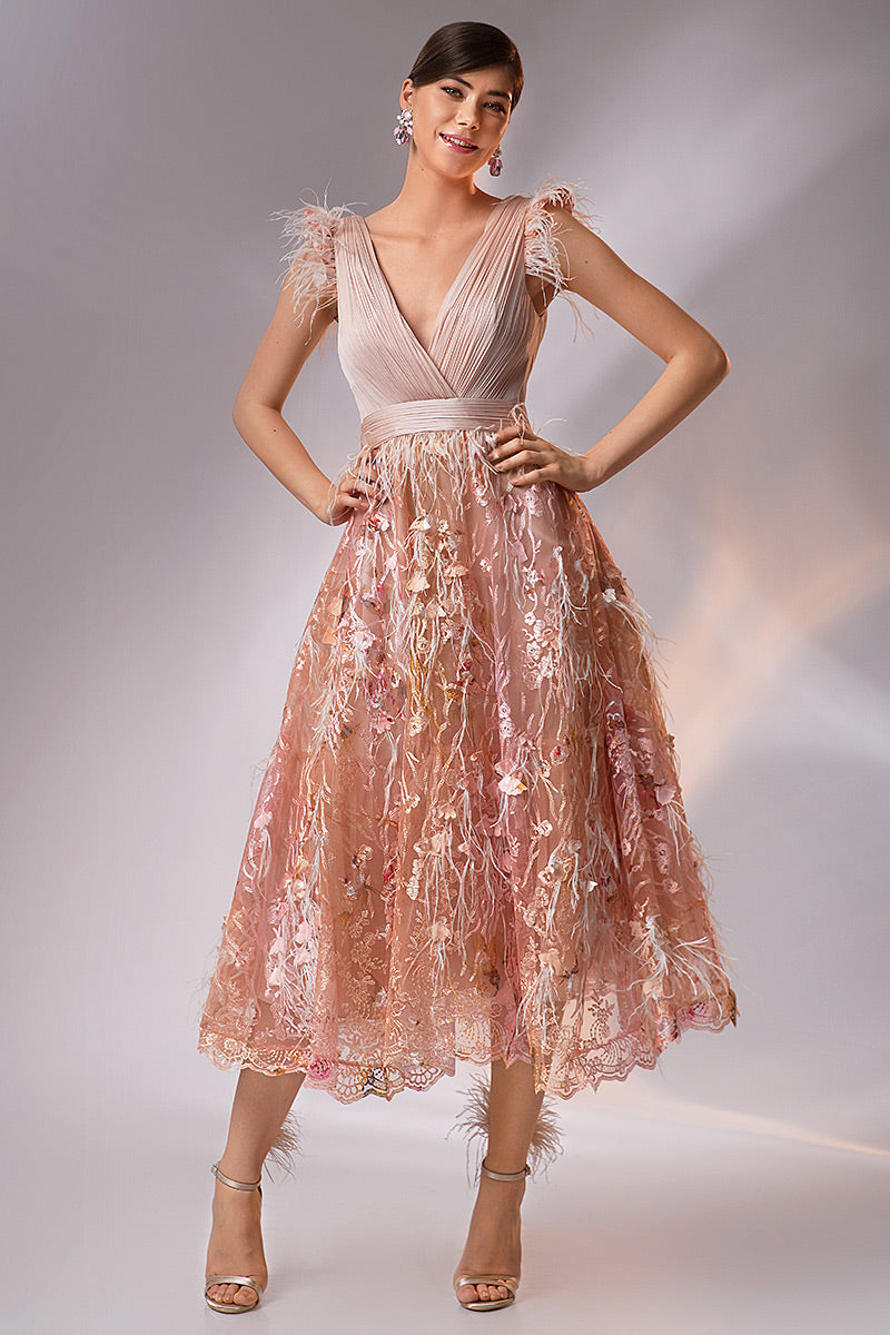 Rochie de seara midi R17h24 cu pene si matase naturala Lucie