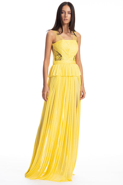 Rochie lunga de seara de matase cu dantela si corsaj cu tul R17S19