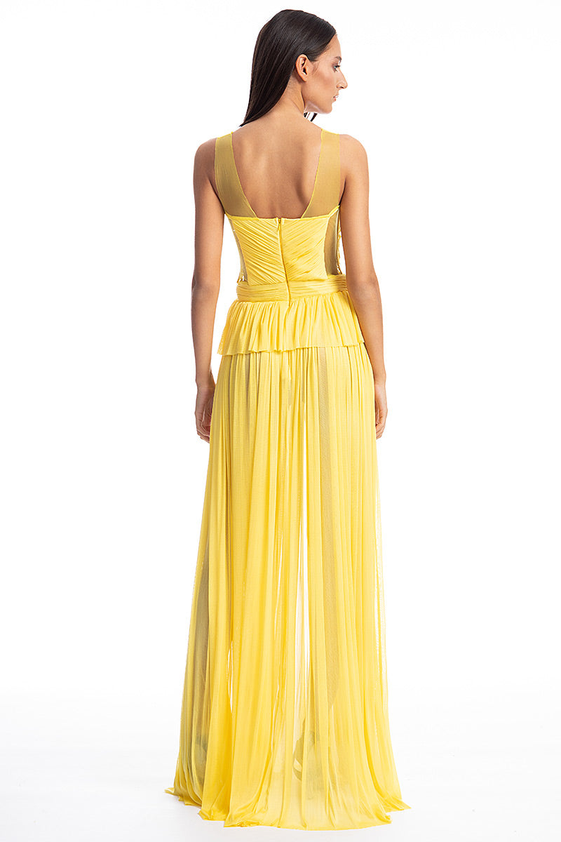 Rochie lunga de seara de matase cu dantela si corsaj cu tul R17S19