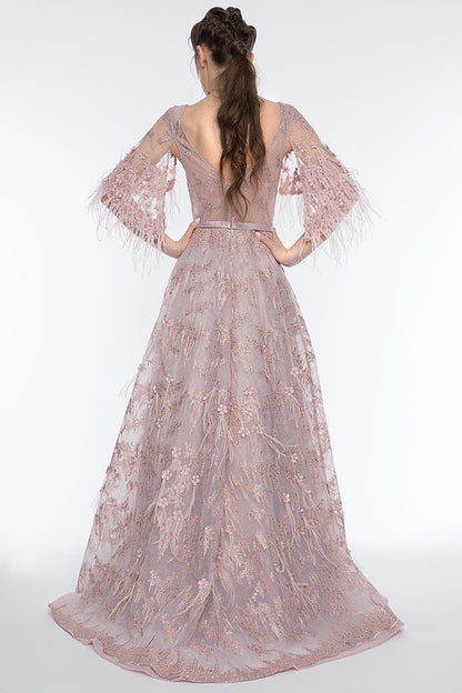 Rochie lunga de seara, eleganta din dantela cu flori si pene, cu maneci scurte, forma de A  R18H19