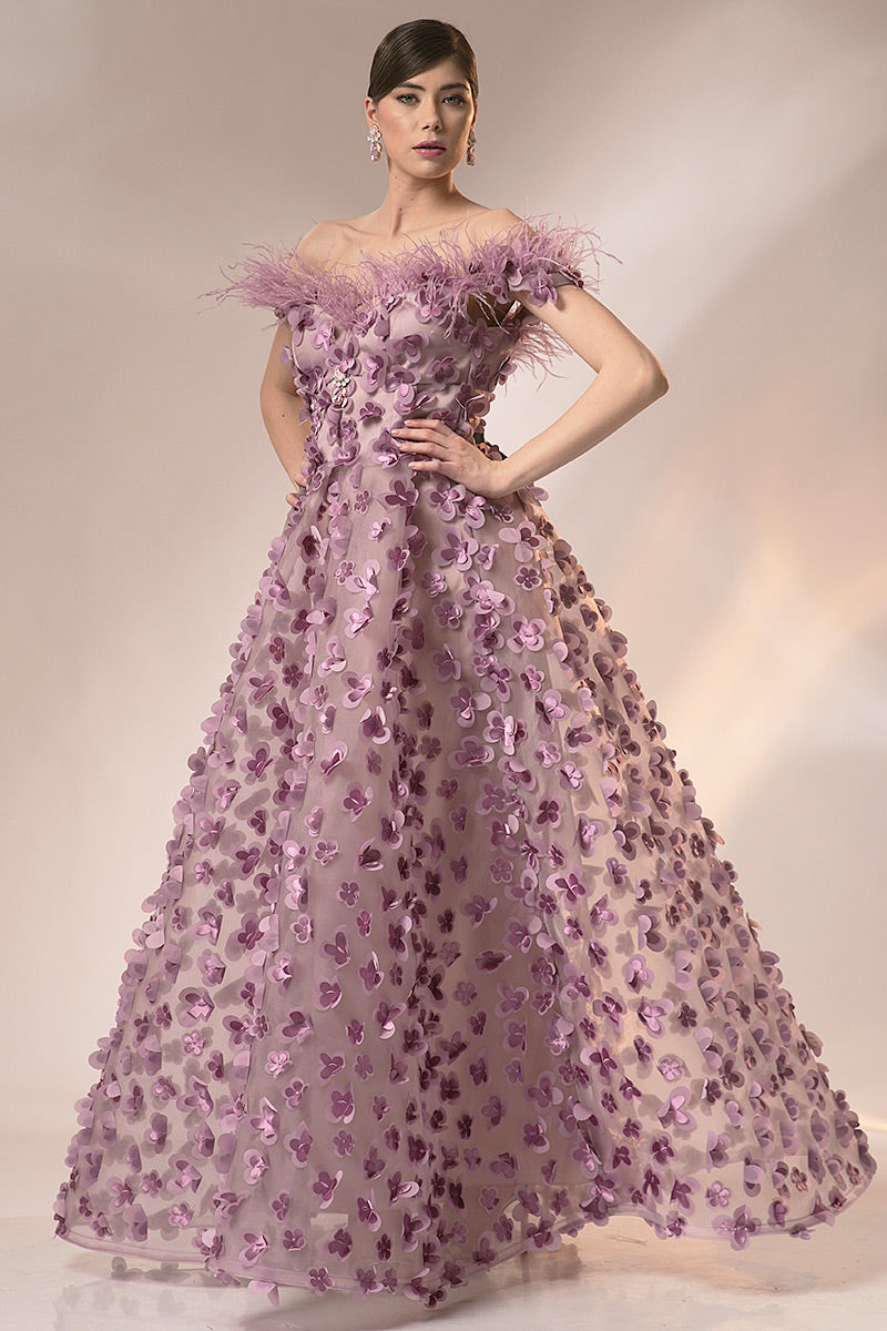 Rochie de seara lunga in forma de A cu corsaj si pene R18h24 Marisa