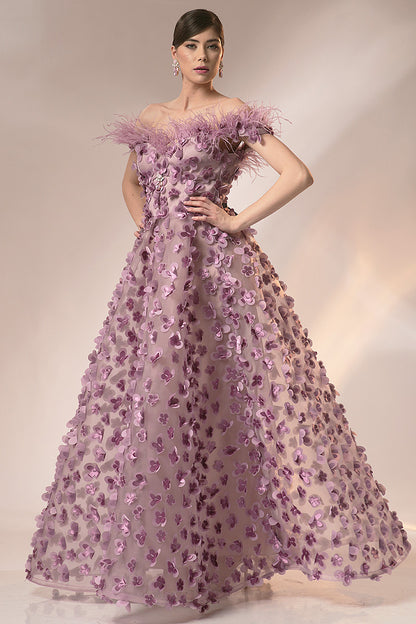 Rochie de seara lunga in forma de A cu corsaj si pene R18h24 Marisa