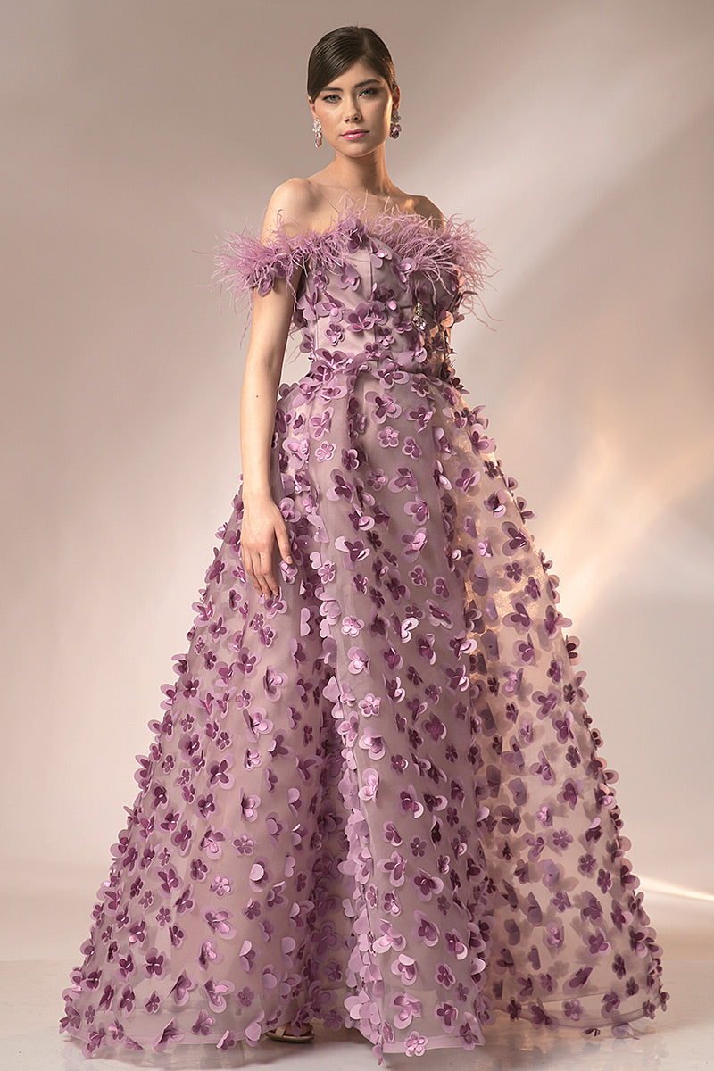 Rochie de seara lunga in forma de A cu corsaj si pene R18h24 Marisa