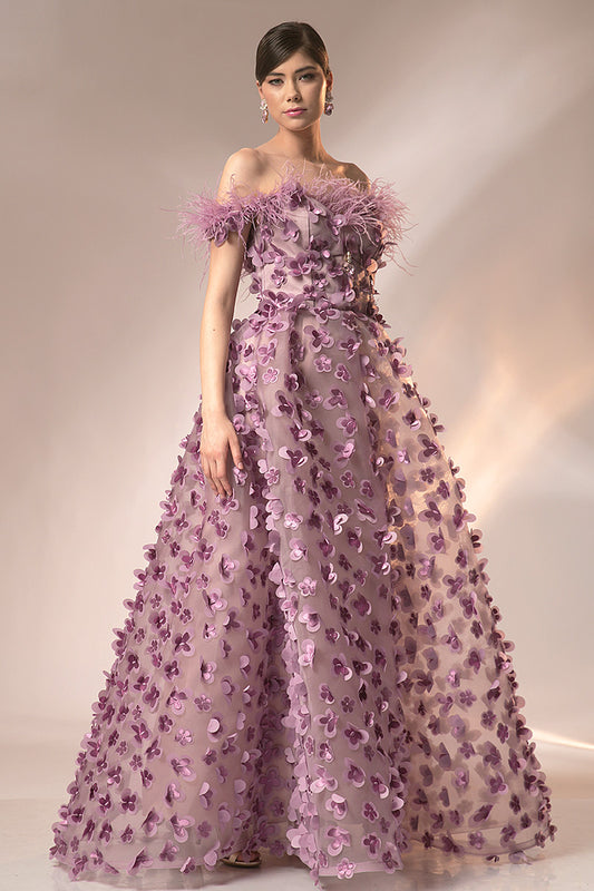 Rochie de seara lunga in forma de A cu corsaj si pene R18h24 Marisa