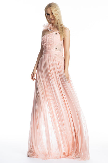 Rochie lunga, de seara, din matase naturala, asimetrica  cu dantela si slit R18S19