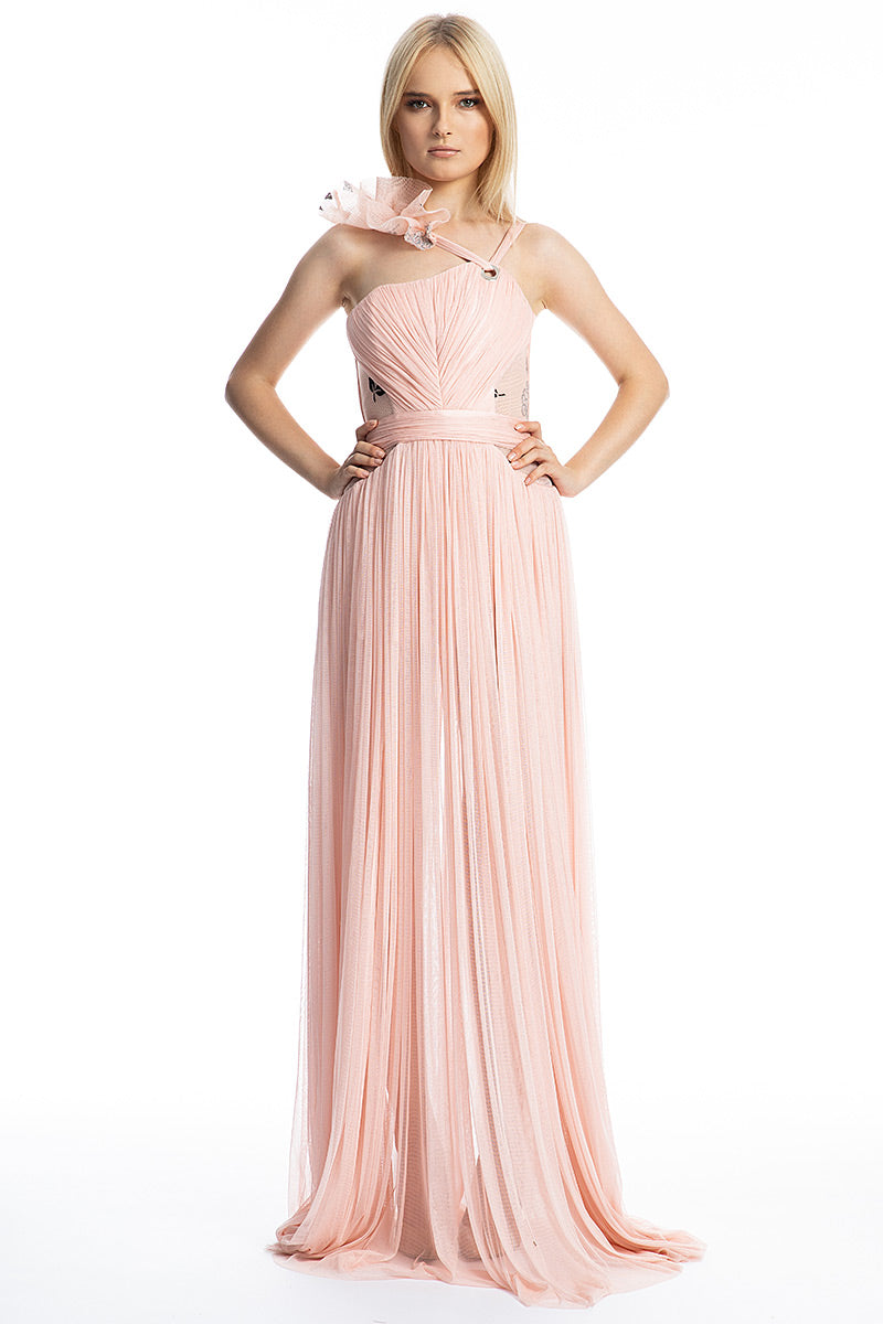 Rochie lunga, de seara, din matase naturala, asimetrica  cu dantela si slit R18S19