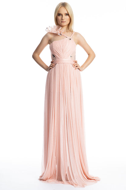 Rochie lunga, de seara, din matase naturala, asimetrica  cu dantela si slit R18S19