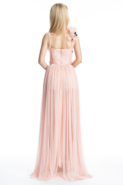 Rochie lunga, de seara, din matase naturala, asimetrica  cu dantela si slit R18S19