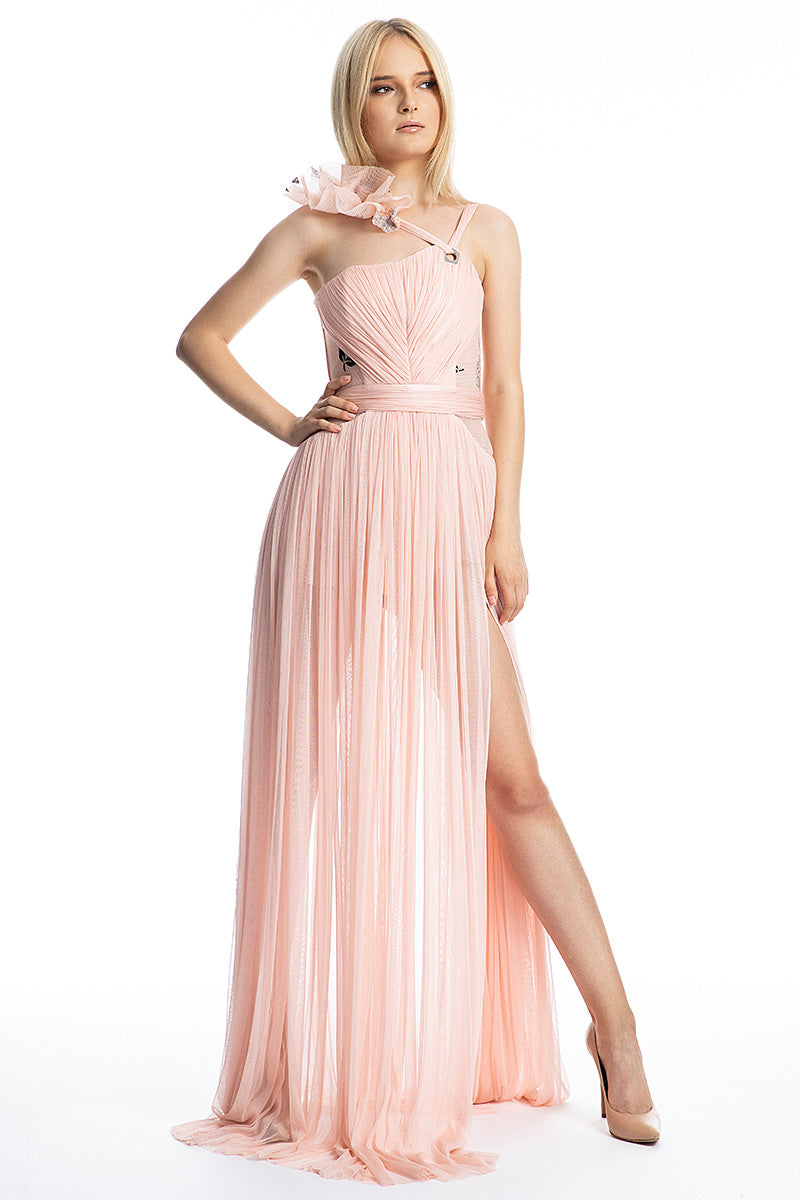 Rochie lunga, de seara, din matase naturala, asimetrica  cu dantela si slit R18S19