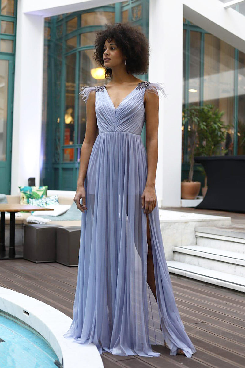 Rochie lunga de seara de matase naturala cu despicaturi pe picior Levy