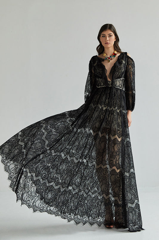 Rochia Lotus, lunga, neagra,din dantela, de ocazie, cu maneci lungi, R19H23