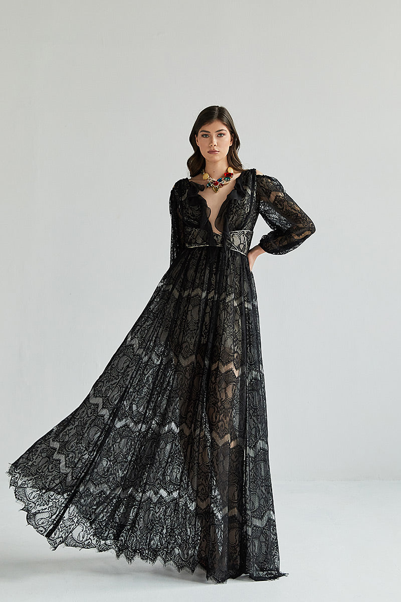 Rochia Lotus, lunga, neagra,din dantela, de ocazie, cu maneci lungi, R19H23