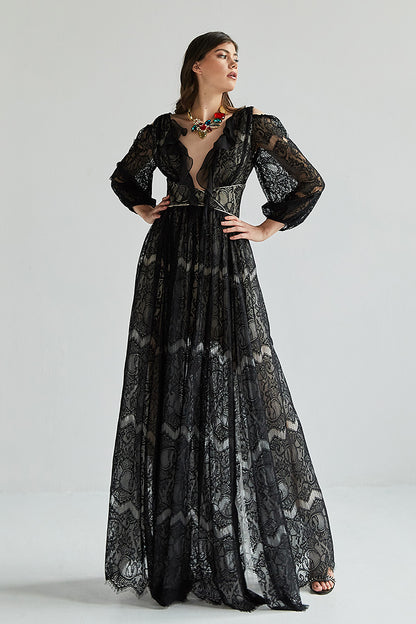 Rochia Lotus, lunga, neagra,din dantela, de ocazie, cu maneci lungi, R19H23