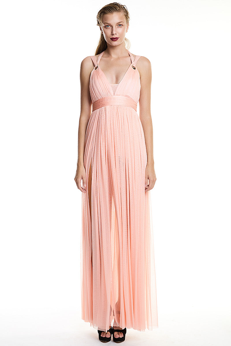 Rochie lunga de seara din matase naturala cu bretele si slit Love