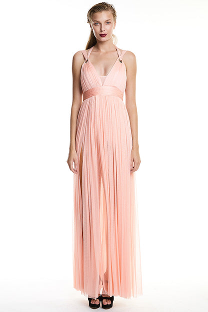 Rochie lunga de seara din matase naturala cu bretele si slit Love