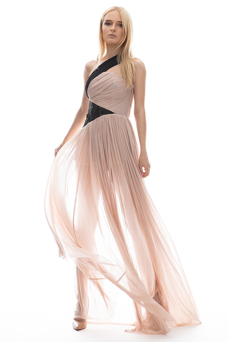 Rochie lunga de matase naturala asimetrica cu dantela   R19S19