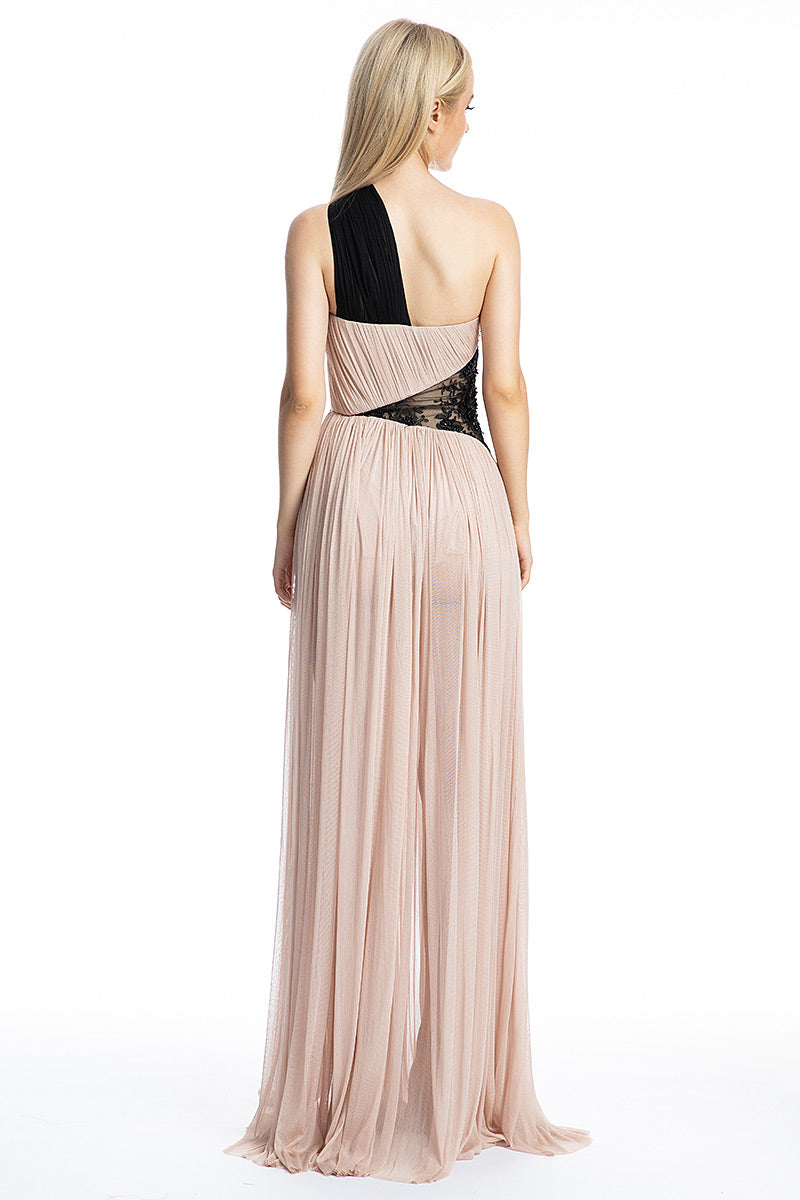 Rochie lunga de matase naturala asimetrica cu dantela   R19S19