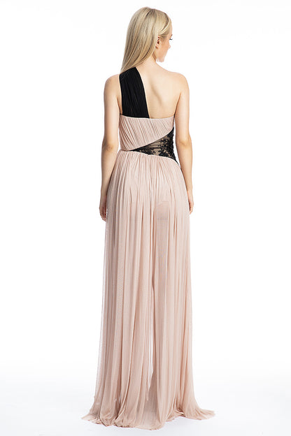 Rochie lunga de matase naturala asimetrica cu dantela   R19S19