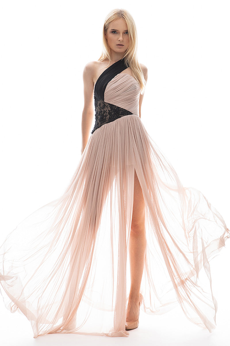 Rochie lunga de matase naturala asimetrica cu dantela   R19S19