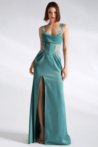 Rochie de seara lunga din satin mat cu dantela brodata si corset Freedom