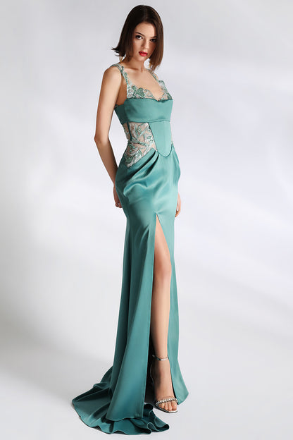 Rochie de seara lunga din satin mat cu dantela brodata si corset Freedom