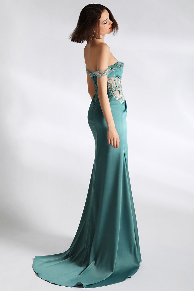 Rochie de seara lunga din satin mat cu dantela brodata si corset Freedom