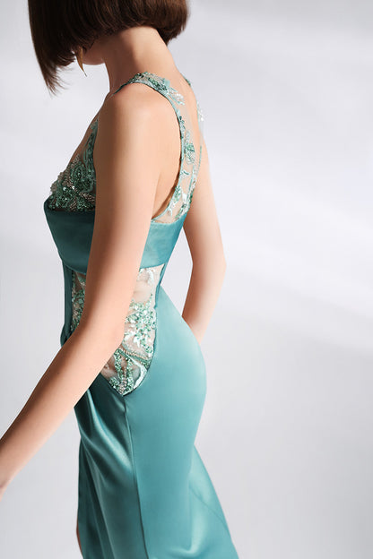 Rochie de seara lunga din satin mat cu dantela brodata si corset Freedom