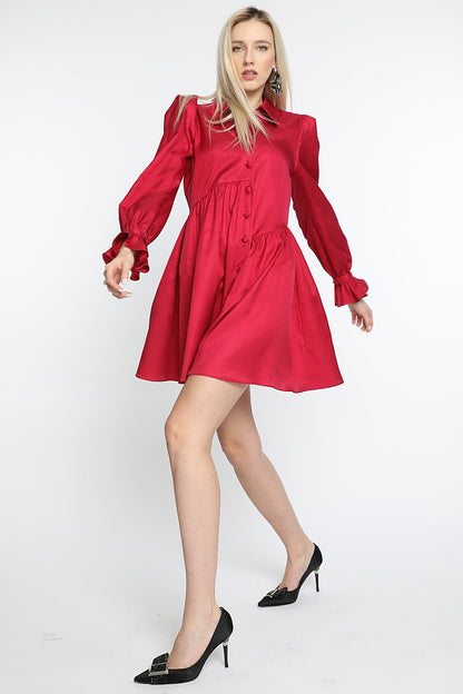 Rochia midi de de zi din matase naturala si lana cu maneci lungi Pinky