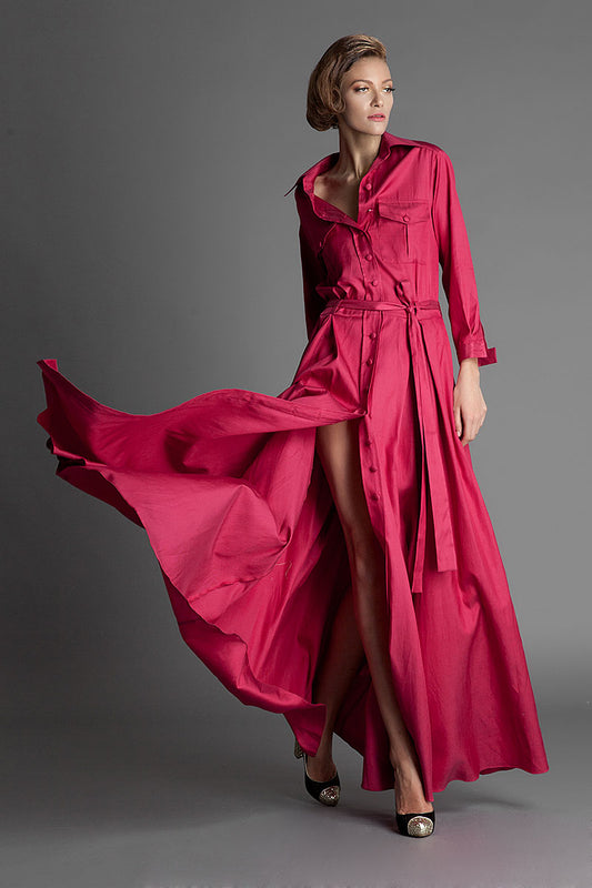 Rochie lunga de zi de matase si lana, cu maneci lungi R1H17