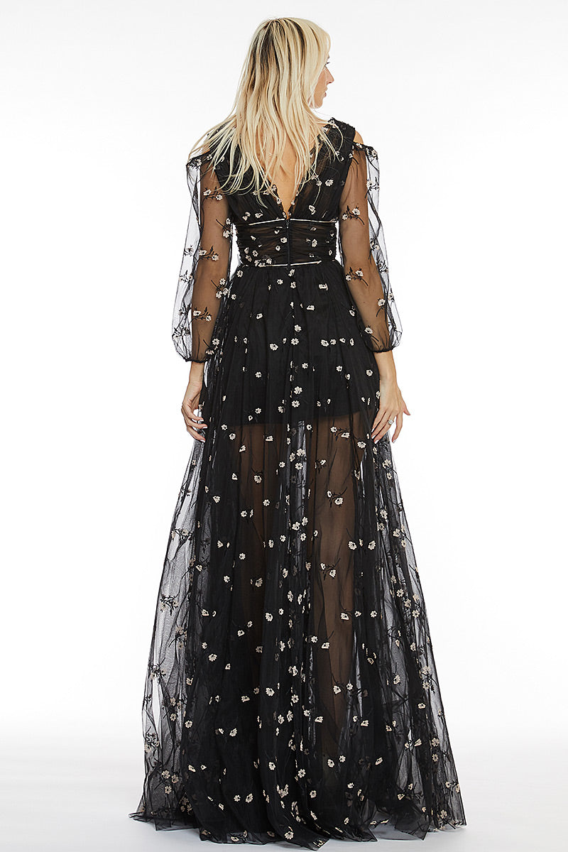 Rochie lunga de tull brodat cu maneci lungi Godies