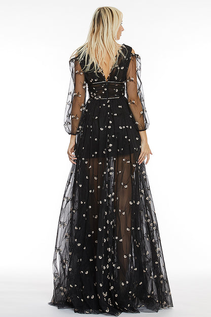 Rochie lunga de tull brodat cu maneci lungi Godies