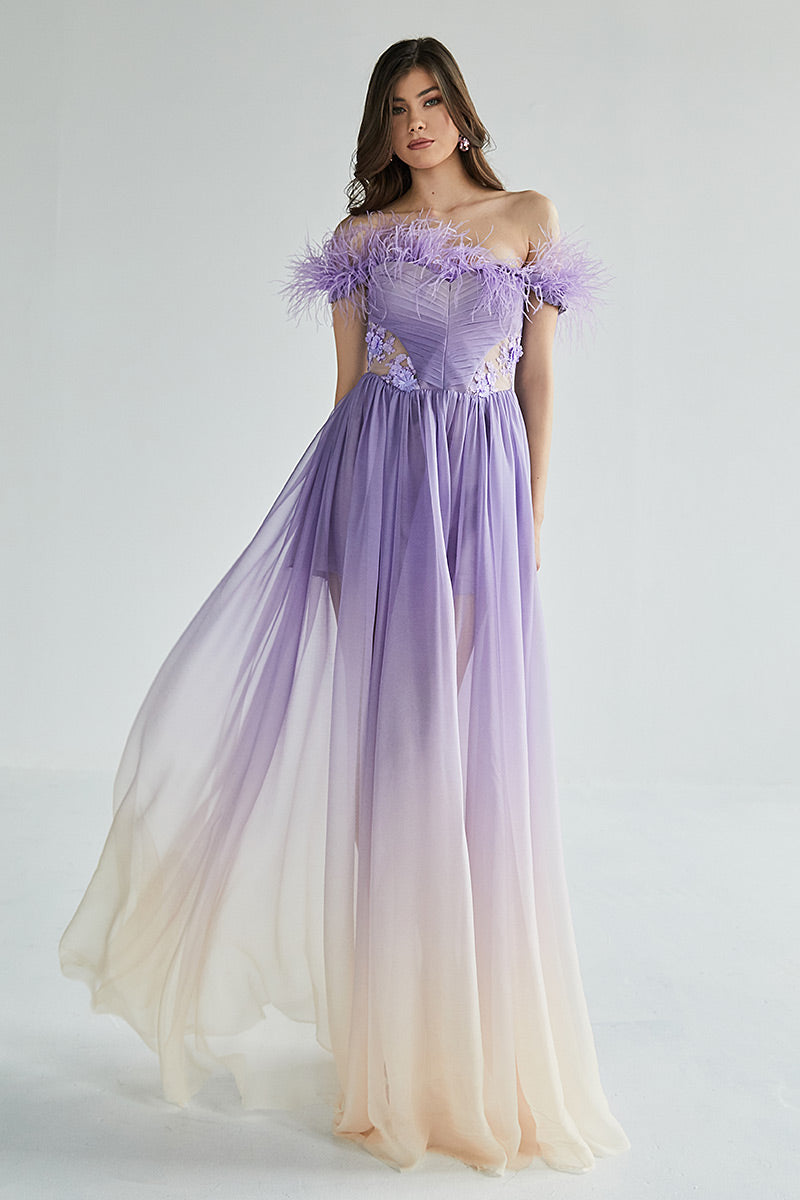 Rochie Lily lunga, de seara, de matase naturala, cu corsaj si pene de strut, R1H23