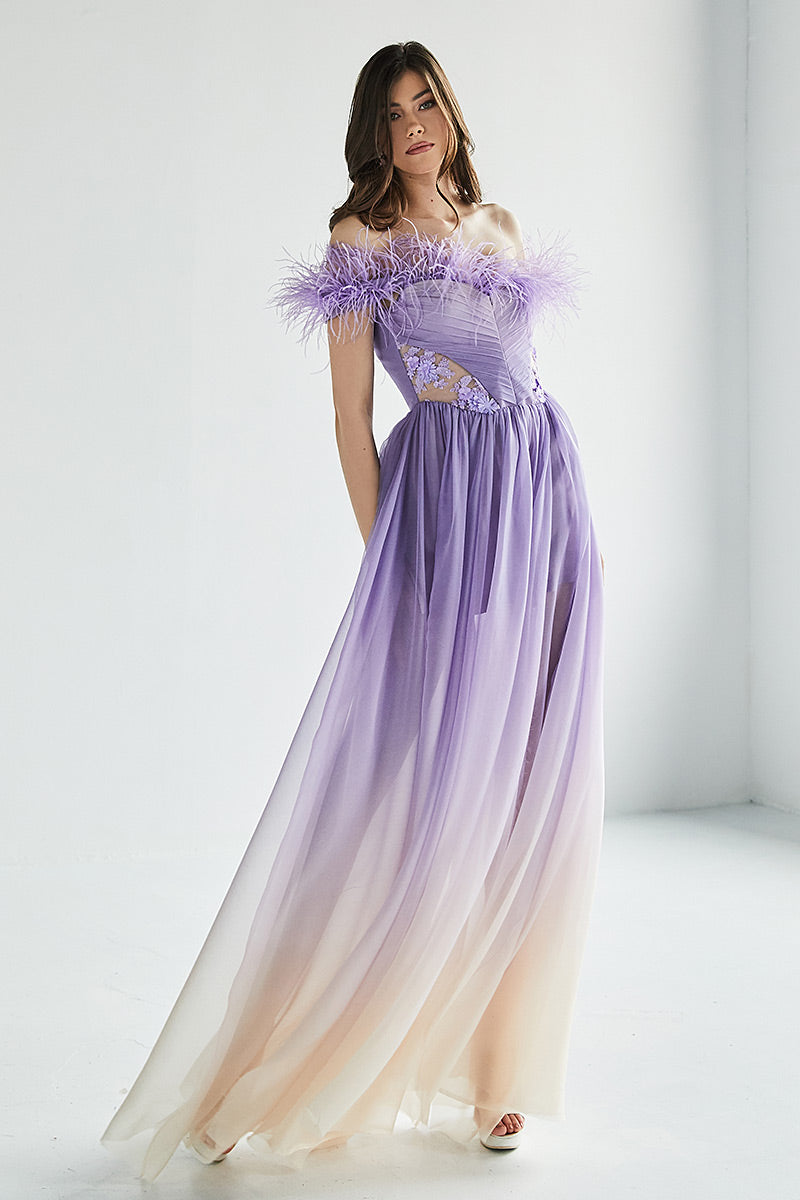 Rochie Lily lunga, de seara, de matase naturala, cu corsaj si pene de strut, R1H23