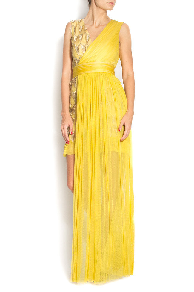 Rochie scurta de ocazie asimetrica din matase naturala si dantela R1S17