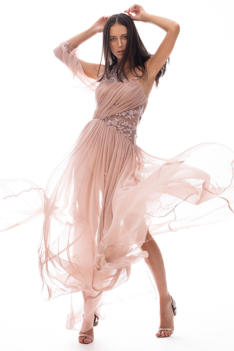 Rochie de seara de matase naturala si dantela, asimetrica  R1S19