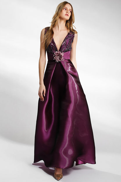 Rochie lunga de seara in forma de A din dantela brodata si organza Aura