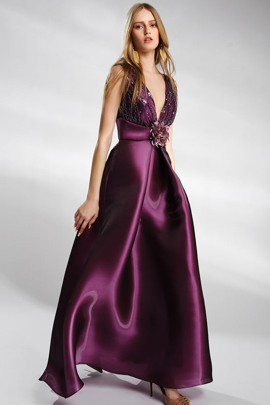 Rochie lunga de seara in forma de A din dantela brodata si organza Aura