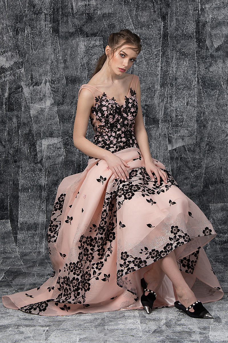 Rochie lunga de seara, eleganta cu flori, forma de A cu trena  R20H19