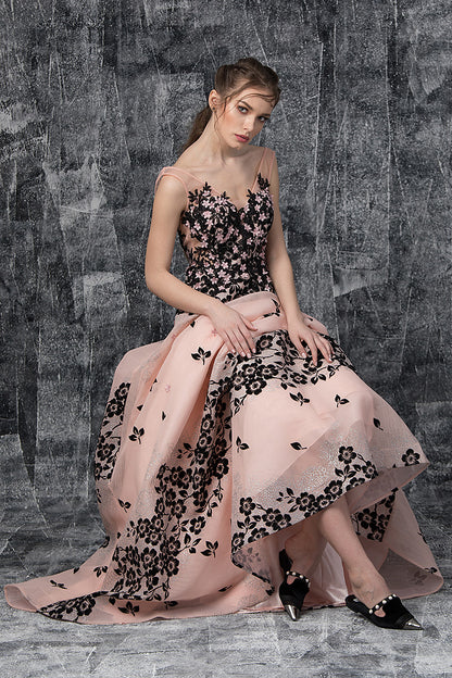 Rochie lunga de seara, eleganta cu flori, forma de A cu trena  R20H19