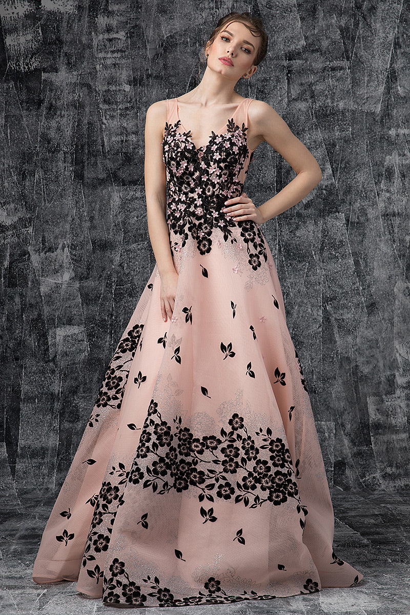 Rochie lunga de seara, eleganta cu flori, forma de A cu trena  R20H19