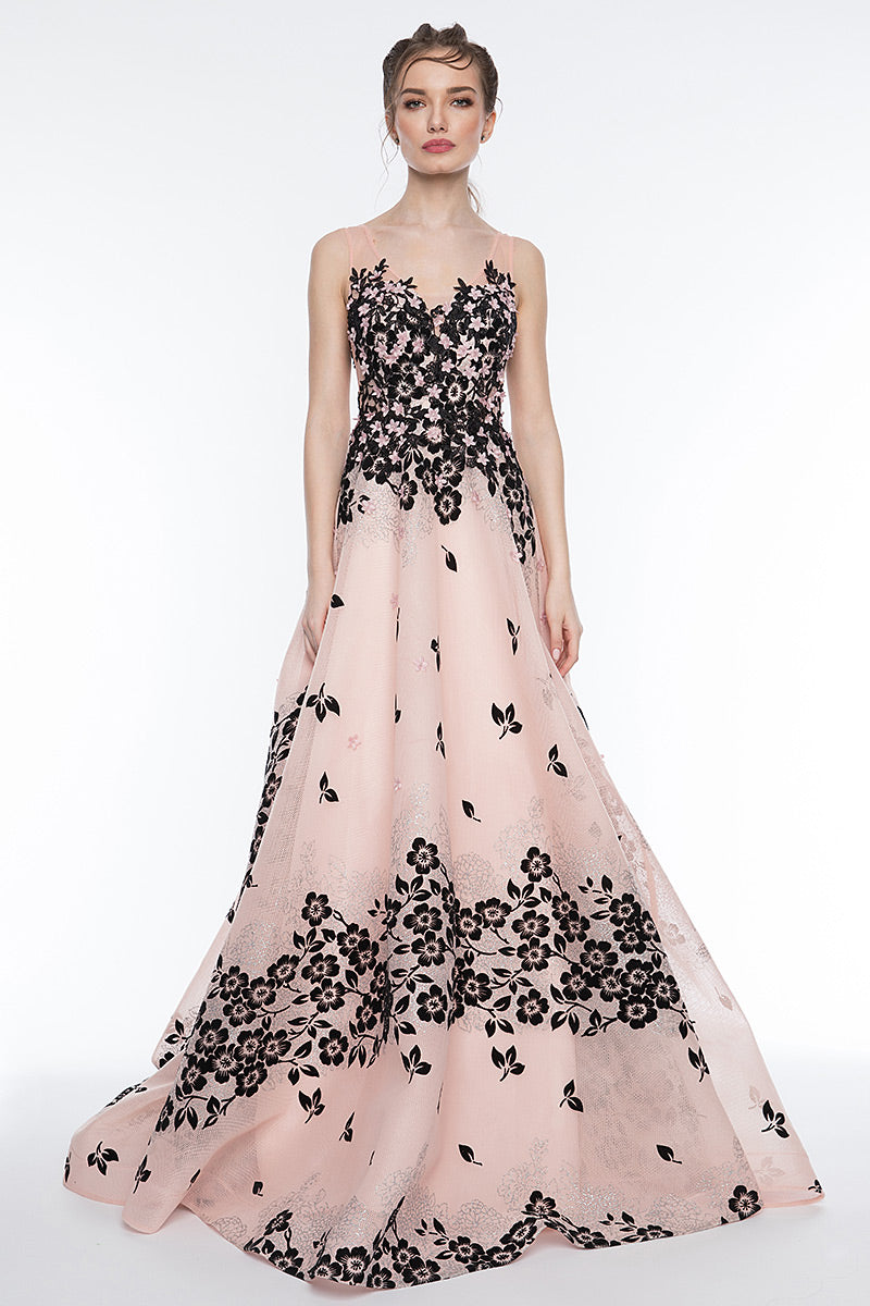 Rochie lunga de seara, eleganta cu flori, forma de A cu trena  R20H19