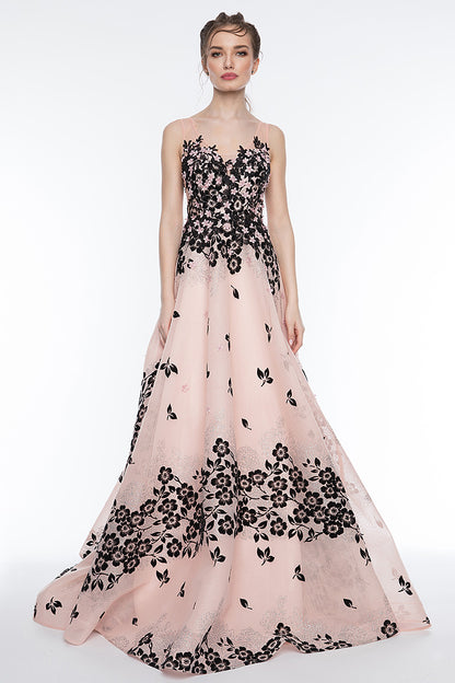 Rochie lunga de seara, eleganta cu flori, forma de A cu trena  R20H19